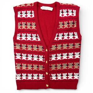 Vintage Teddy Bear Christmas Grannycore Knit Sweater Vest L 80s Cottage Preppy